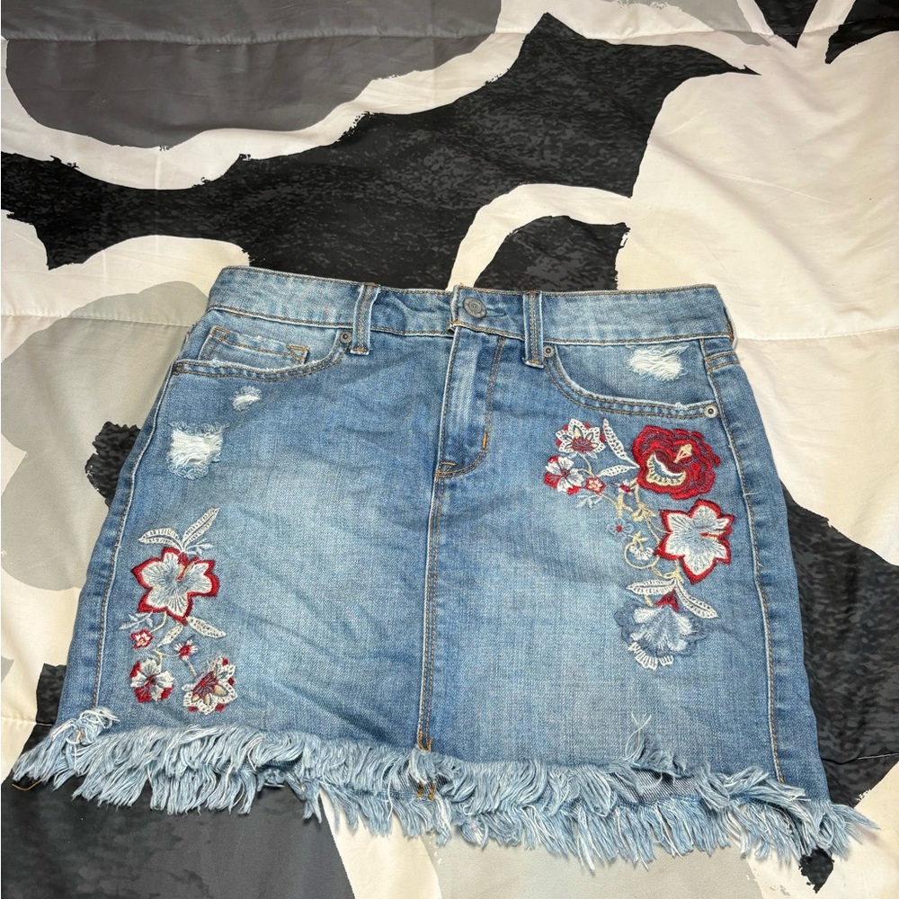 Embroidered Denim Skirt with Floral Accents